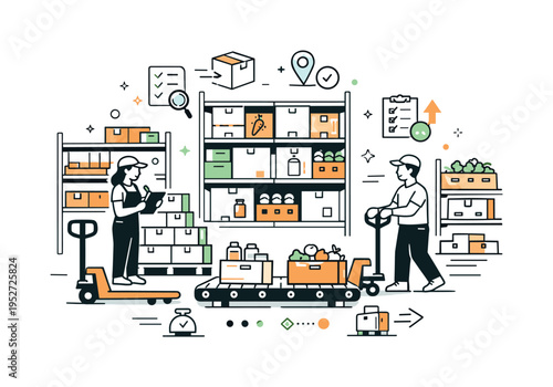 Food warehouse operations. A structured warehouse interior with shelves, boxes, and simple tracking symbols, showing organized storage and handling. The mood