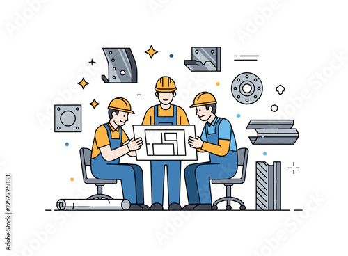 A team of metal fabricators reviewing blueprints with steel and aluminum parts around, illustrating planning, collaboration, and the precision required in