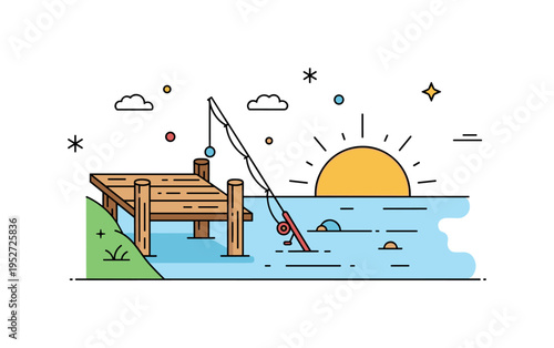 Lakeside fishing morning illustrated by a small wooden dock extending over still water with a fishing rod resting nearby and a rising sun accent, symbolizing