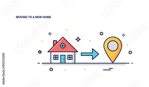 Moving to a new home transition featuring a small house icon with an arrow pointing toward a fresh location pin, conveying relocation and new opportunities.