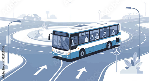 Bus driving on a roundabout, urban transport, traffic intersection, city street