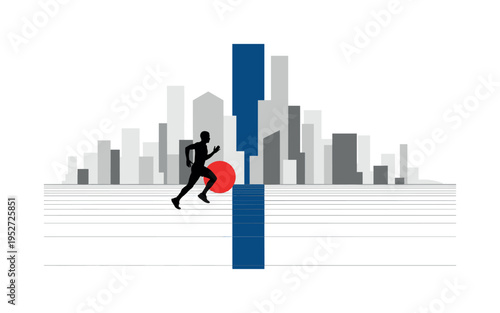 Black and white city runner silhouette against abstract skyline made of geometric rectangles, bright red circular accent near horizon, thin horizontal lines