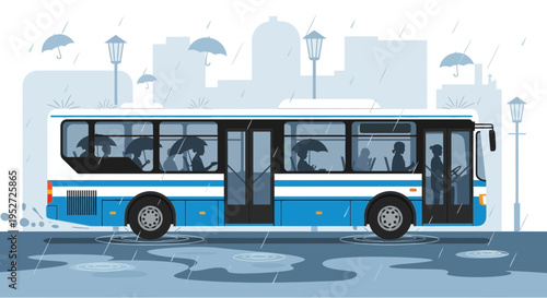 Bus passengers with umbrellas in the rain on a city street, illustration