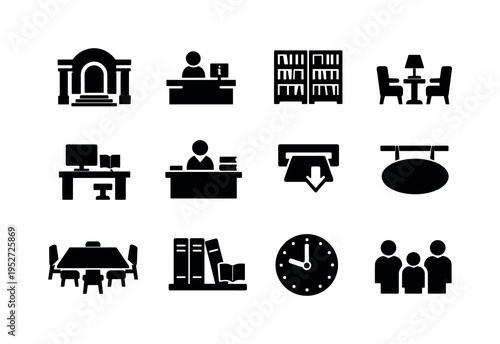 Public Library. Solid icon set of Public Library: library entrance, information desk, book shelves rows, reading area, computer terminal, librarian desk, book
