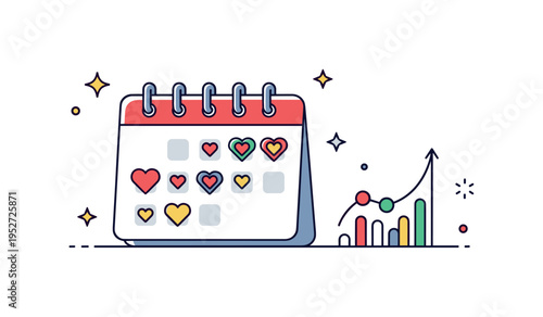 Emotional wellbeing tracker showing a calendar page with heart icons marking positive moments. A small upward graph and gentle decorative dots emphasize steady