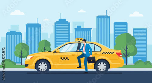 Businessman entering a yellow taxi in a city with skyscrapers