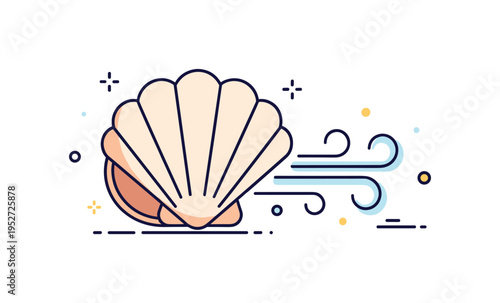 Coastal breeze simple seashell with elegant wind curves passing through its opening, suggesting soft ocean sounds. A refined editorial icon