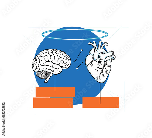 Conceptual holistic wellness theme with black-and-white brain and heart icons connected by thin linear pathway, bold blue halo circle behind, orange