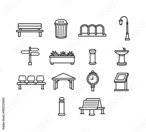 Street Furniture. Line icon set of Street Furniture: public bench, trash bin, bike rack, street light pole, wayfinding sign, planter box, bollard post,