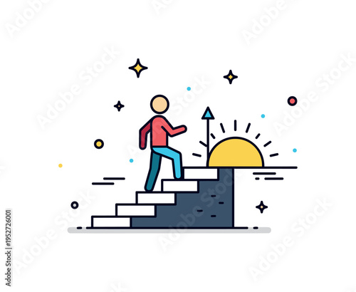 Personal epiphany shown by a small staircase leading to a glowing horizon with a figure stepping upward, symbolizing growth, insight, and self-realization.