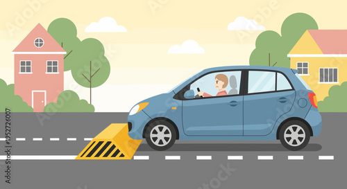 Car driving over speed bump on residential street, traffic calming measure