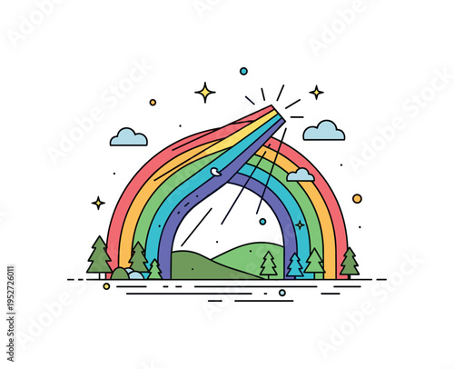 Double rainbow stretching across a forest landscape with sunlight filtering through, symbolizing wonder, rarity, and joy in nature. Minimalist flat vector