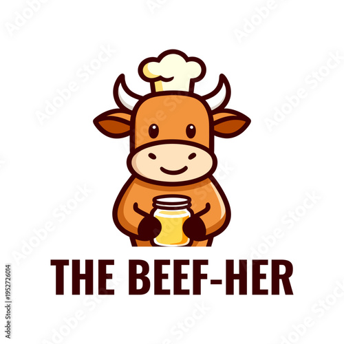 A charming cartoon cow wearing a chef's hat, holding a jar of golden butter or ghee, with the brand name 'THE BEEF-HER' displayed below.