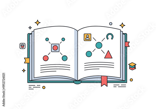 Educational textbook spread represented by an open book with minimal diagram shapes on both pages, conveying structured learning and information sharing. The