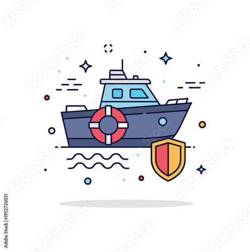 Boating safety practice represented by a small boat silhouette with visible life buoy attached to its side, symbolizing readiness and responsible recreation.