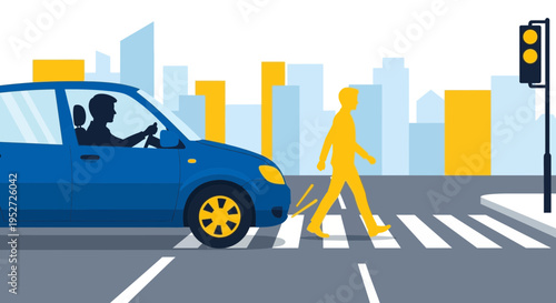 Car stopping for pedestrian at crosswalk in city, traffic safety concept