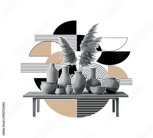 A monochrome low wooden coffee table with ceramics and dried pampas grass, intersected by geometric semicircles and thin horizontal lines structuring the