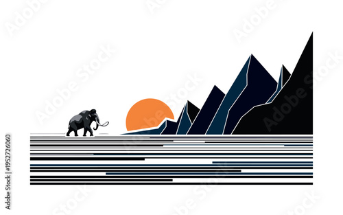 A monochrome mammoth walking against stylized geometric mountain forms, bold flat circular sun overlapping the horizon, thin horizontal lines reinforcing icy