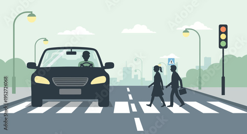 Car yielding to pedestrians at a crosswalk, urban street scene with traffic light