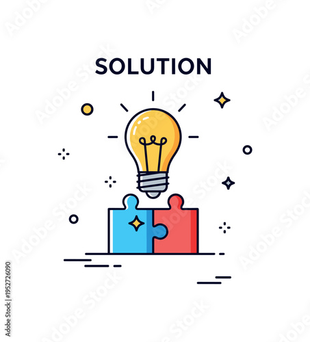 Solution problem solving concept illustrated by a bold light bulb icon emerging from a simple puzzle piece base, expressing clarity and breakthrough thinking.