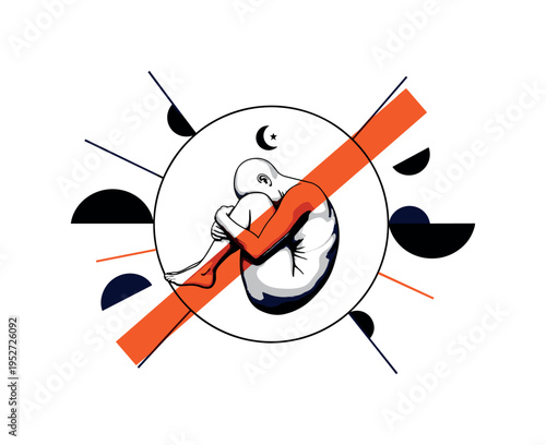 Black and white curled human figure enclosed inside a thin circular frame, bold orange diagonal line crossing the circle, small crescent moon icon above the