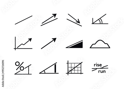 Slope. Line icon set of Slope: inclined line, rising arrow, falling arrow, angle measure, slope graph, diagonal arrow, incline ramp, hill profile, percentage