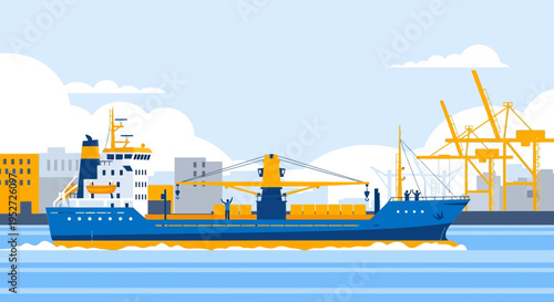 Cargo Ship Sailing in Industrial Harbor with Cranes and Buildings