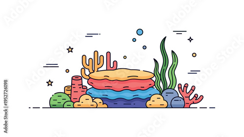 Tropical coral garden scene featuring layered coral shapes and a gentle seaweed accent, expressing richness, color diversity, and natural underwater beauty. A