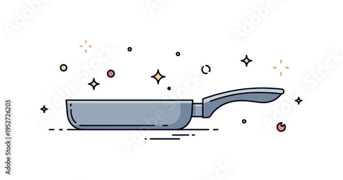 Modern cookware design theme centered on a sleek frying pan with ergonomic handle and subtle sparkle accents to suggest quality and new condition. The scene