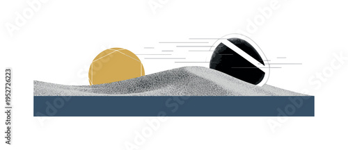 Black and white pebble partially buried in sand texture, oversized mustard geometric circle low behind horizon line, muted navy rectangular base anchoring