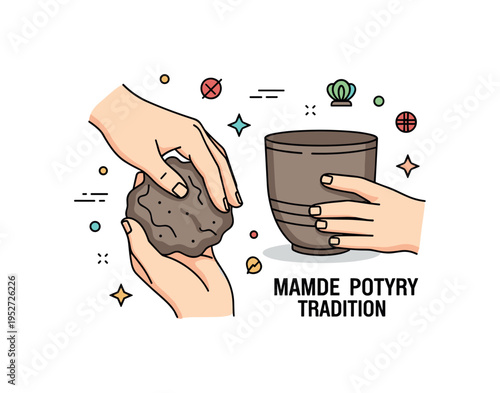 Handmade pottery tradition illustration featuring textured clay between fingers and a partially formed cup silhouette, symbolizing heritage and artisanal