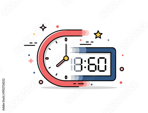 Future past collision concept shown as a retro clock icon blending smoothly into a digital display, symbolizing convergence of different eras. The compact