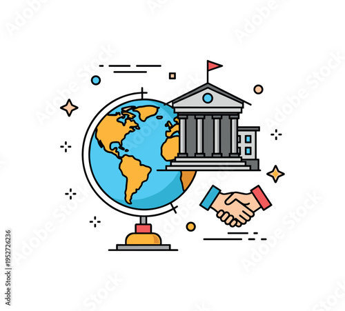 International diplomacy institution globe icon integrated with a formal building silhouette and small handshake symbol. A compact editorial badge expressing