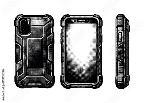 Rugged phone case represented as a heavy-duty protective case with textured grip areas and thick shock-absorbing edges, shown as one object. Black and white