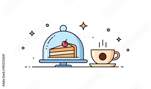 Cafe pastry display scene featuring a glass dome covering a slice of cake beside a coffee cup. Subtle sparkle accents and clean spacing create a charming