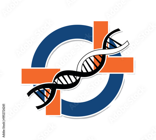 Black and white DNA double helix simplified into bold graphic shape, oversized deep blue circular ring enclosing the structure, vivid orange geometric blocks