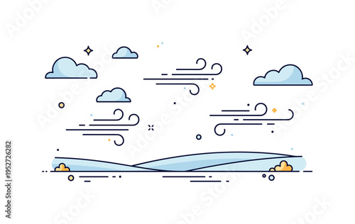 Calm skies with gentle wind currents visualized by flowing lines above open plains, suggesting subtle movement and a meditative ambiance. Minimalist flat