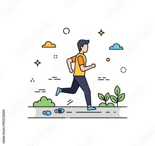 Running motivation with a person jogging through a park path, energetic posture and small symbolic elements like footsteps and leaves conveying endurance and