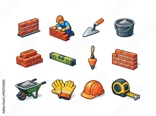 Bricklaying. Colorful isometric vector icons set of Bricklaying: brick wall section, mason laying bricks, trowel tool, mortar bucket, stacked bricks, spirit