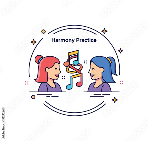 Harmony practice for vocalists illustrated by two simplified singers facing each other with interwoven musical notes between them expressing collaboration and