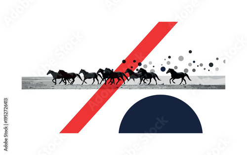 Black and white herd of horses running across flat steppe, vivid red diagonal stripe slicing through composition, navy semicircle anchoring one side, small