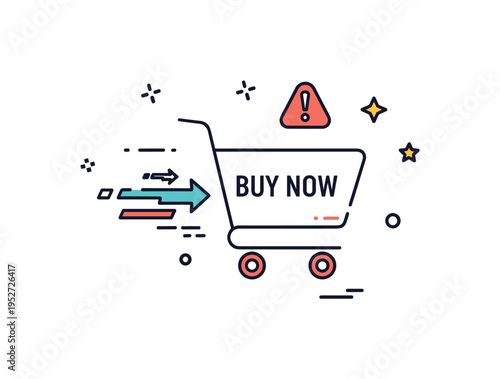 Buy now urgency concept featuring a minimal shopping cart icon with dynamic arrow motion lines and a subtle alert dot, symbolizing fast decision making. The
