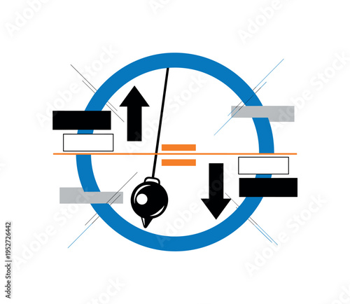 Black and white pendulum swinging between up and down arrows, bold blue circular frame enclosing the motion and orange equal sign subtly integrated across the