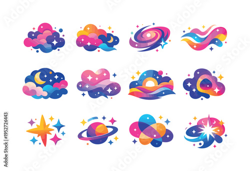 CosmicArt. Colorful flat vector icons set of CosmicArt: abstract nebula, colorful space clouds, dreamy cosmos, surreal galaxy, flowing light forms, ethereal