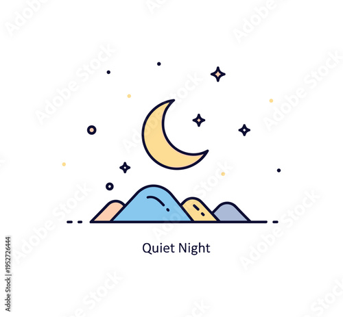 Night sky nature scene featuring a crescent moon above simple hill shapes with tiny star accents scattered lightly around, expressing tranquility and cosmic