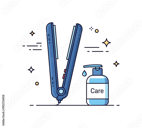 Salon hair smoothing treatment showing a flat iron tool paired with a small bottle labeled ?Care?. Balanced composition and gentle shine lines highlight