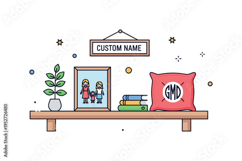 Personalized home goods cozy living room shelf featuring a custom name sign above a framed family illustration and a monogrammed cushion, expressing warmth and
