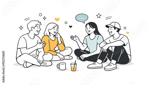 Friends spending time together. A small group of friends chatting and laughing in a relaxed setting, sharing a calm everyday moment. Friendly interaction and