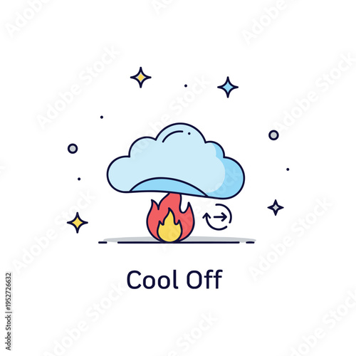 Anger management cooling down metaphor showing a small flame icon being gently covered by a soft cloud shape, symbolizing de escalation and emotional reset.