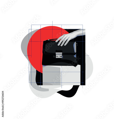 Black and white cropped shot of handbag placed on geometric pedestal with model?s hand resting lightly on top, bold red circle partially cropped behind for